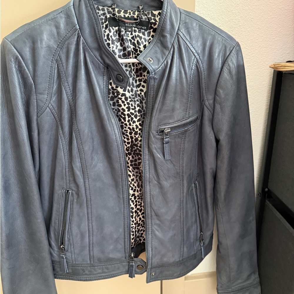 Wilsons Leather Women's Blue-Gray Leather Moto Jacket